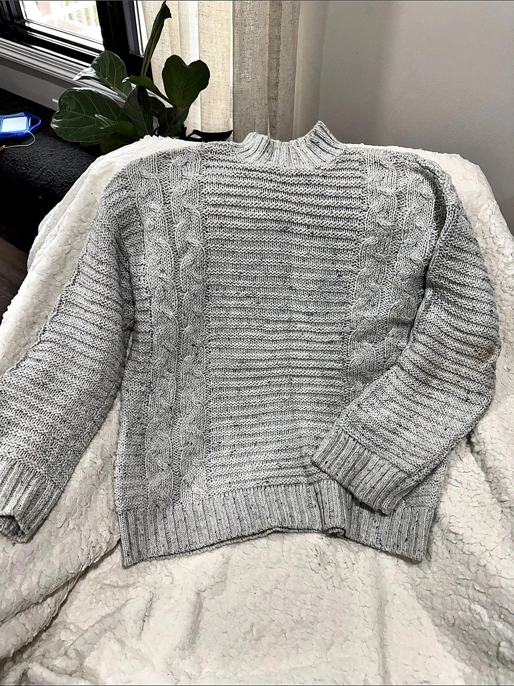 LOFT Mock Neck Cable Sweater Gray Small
